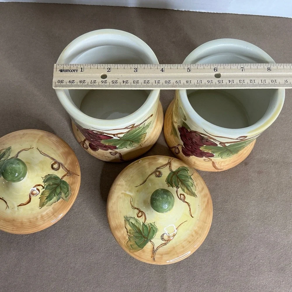 Charming Ceramic Canisters with Grapes and Leaves Set of 2 Vineyard Theme